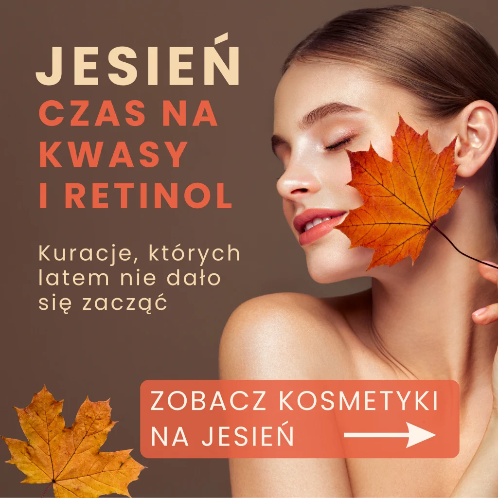 Kosmetyki na jesień — kobieta przykłada do twarzy jesienny liść